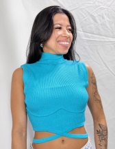 CROPPED AMARRAÇÃO EM TRICÔ CANELADO COM GOLA ALTA - Azul bêbe