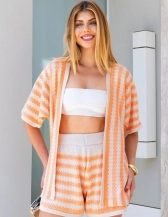 CONJUNTO MISSONE DE TRICÔ COM KIMONO E SHORTS - Laranja Listrado