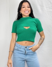 CROPPED 2 PEÇAS EM TRICÔ CANELADO COM SOBREPOSIÇÃO - Verde