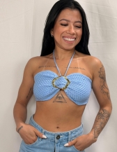 CROPPED BRISA EM TRICÔ TEXTURIZADO  - Azul