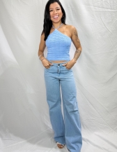 CROPPED FRENTE ÚNICA EM TRICÔ COM AMARRAÇÃO NO PESCOÇO - Azul Bêbe