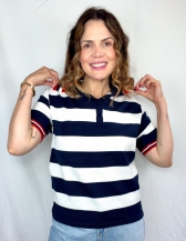 BLUSA NÁUTICA POLO LISTRADA COM GOLA CONTRASTANTE - Azul Marinho
