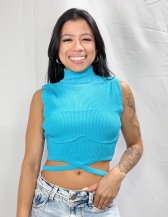 CROPPED AMARRAÇÃO EM TRICÔ CANELADO COM GOLA ALTA - Azul bêbe