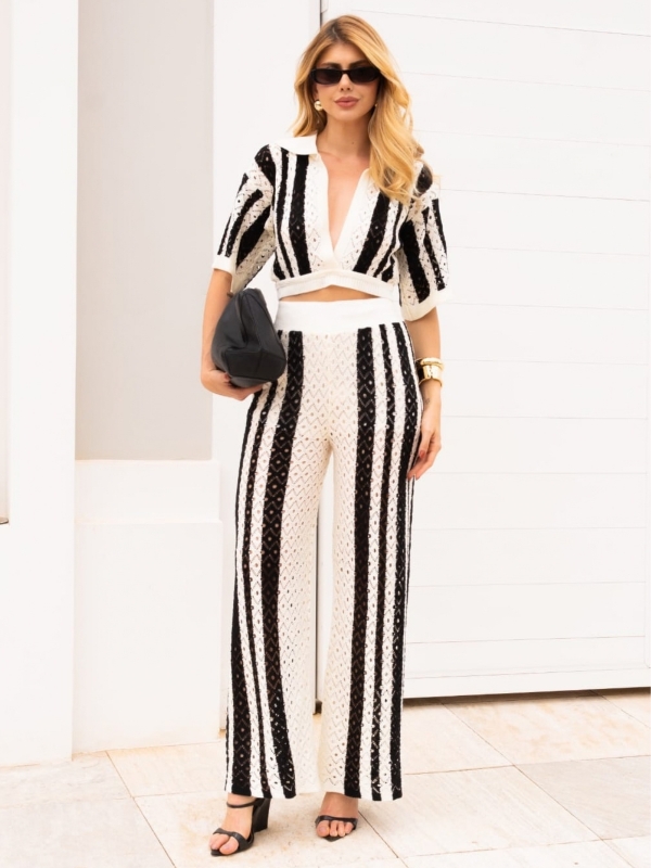 CONJUNTO TAÍSIA | TRICÔ - Branco Listrado