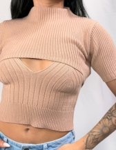 CROPPED 2 PEÇAS EM TRICÔ CANELADO COM SOBREPOSIÇÃO - Bege