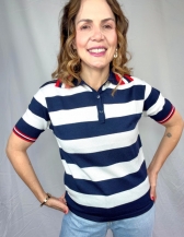 BLUSA NÁUTICA POLO LISTRADA COM GOLA CONTRASTANTE - Azul Marinho