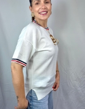 BLUSA AMELIA EM TRICÔ COM DETALHES CONTRASTANTES - Branco