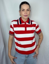 BLUSA NÁUTICA POLO LISTRADA COM GOLA CONTRASTANTE - Vermelho
