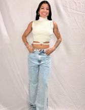 CROPPED AMARRAÇÃO EM TRICÔ CANELADO COM GOLA ALTA - Branco
