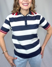 BLUSA NÁUTICA POLO LISTRADA COM GOLA CONTRASTANTE - Azul Marinho