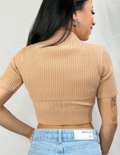 CROPPED 2 PEÇAS EM TRICÔ CANELADO COM SOBREPOSIÇÃO - Bege