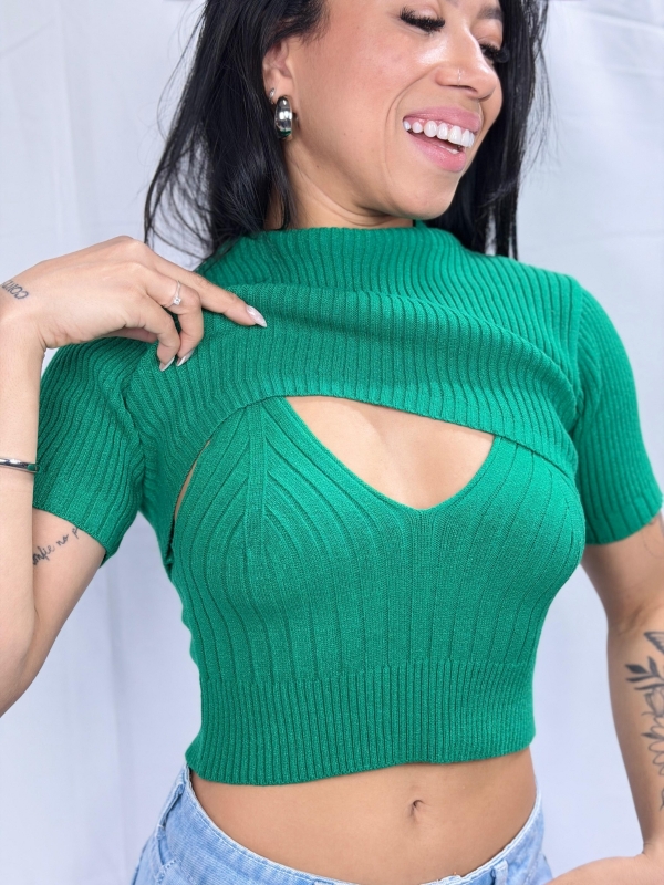 CROPPED 2 PEÇAS EM TRICÔ CANELADO COM SOBREPOSIÇÃO - Verde
