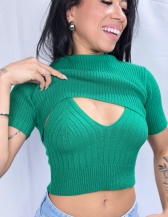 CROPPED 2 PEÇAS EM TRICÔ CANELADO COM SOBREPOSIÇÃO - Verde