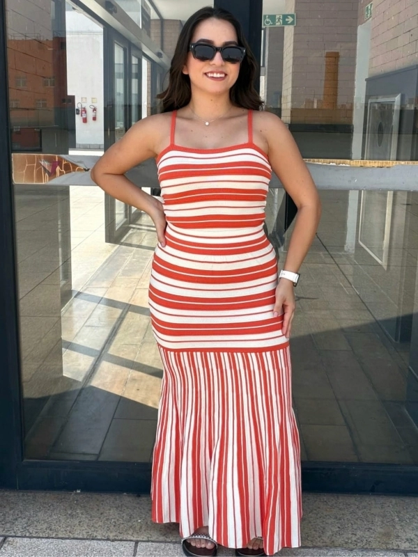 CONJUNTO NÁUTICO LISTRADO DE CROPPED E SAIA LONGA - Laranja Listrado