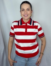 BLUSA NÁUTICA POLO LISTRADA COM GOLA CONTRASTANTE - Vermelho