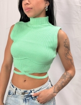 CROPPED AMARRAÇÃO EM TRICÔ CANELADO COM GOLA ALTA - Verde Água