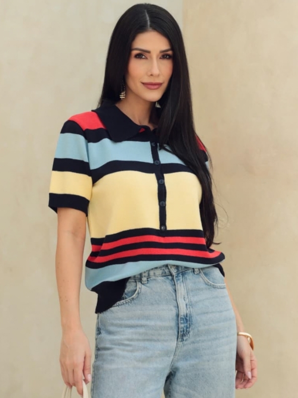 BLUSA FEMININA SIMIONE EM TRICÔ COM GOLA POLO E BOTÕES - Amarelo