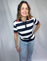 BLUSA NÁUTICA POLO LISTRADA COM GOLA CONTRASTANTE - Azul Marinho