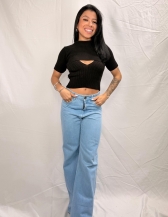 CROPPED 2 PEÇAS EM TRICÔ CANELADO COM SOBREPOSIÇÃO - Preto